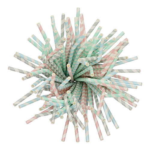 100 Trinkhalme, Papier Ø 6 mm · 22 cm farbig sortiert "Stripes" flexibel