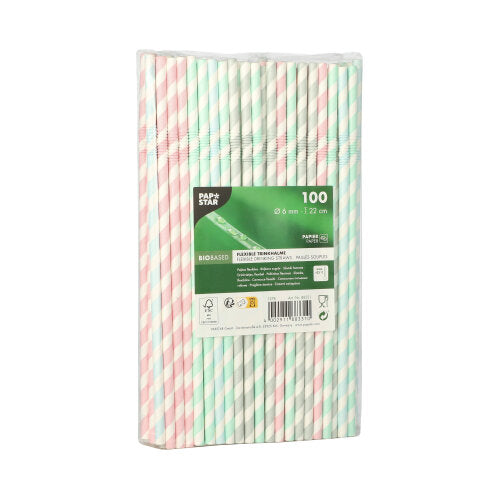 100 Trinkhalme, Papier Ø 6 mm · 22 cm farbig sortiert "Stripes" flexibel
