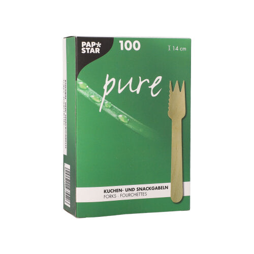 100 Kuchen- und Snackgabeln, Holz "pure" 14 cm mit einseitig gezacktem Rand