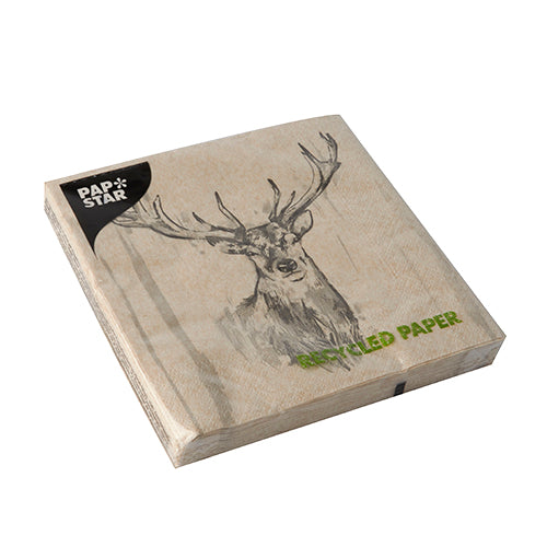 20 Servietten, 3-lagig 1/4-Falz 33 cm x 33 cm natur "Deer" aus recyceltem Papier