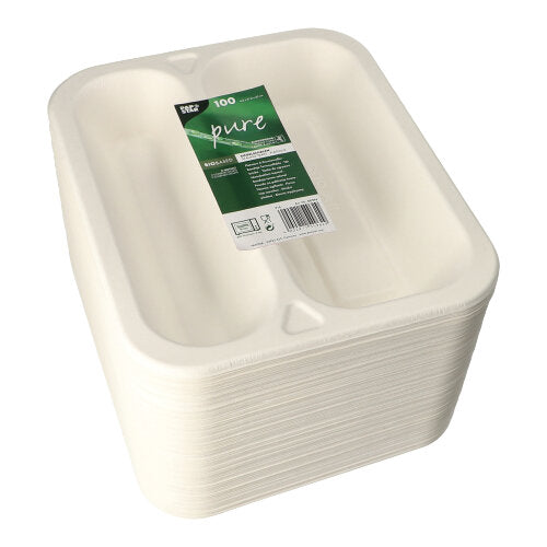 100 Siegelschalen, Zuckerrohr 2-geteilt 975 ml 4,2 cm x 21,2 cm x 25 cm weiss