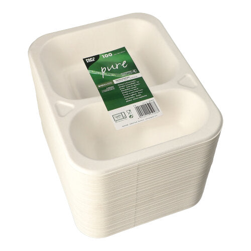100 Siegelschalen, Zuckerrohr 2-geteilt 725 ml 4,2 cm x 18,5 cm x 23,5 cm weiss