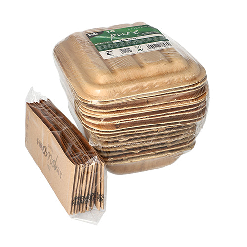 10 Trays, Palmblatt "pure" eckig 300 ml 5,5 cm x 13,5 cm x 17,5 cm mit Deckel und Banderole