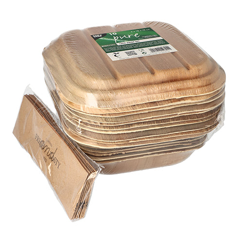 10 Trays, Palmblatt "pure" eckig 500 ml 6,5 cm x 20 cm x 20 cm mit Deckel und Banderole