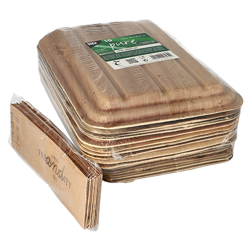 10 Trays, Palmblatt "pure" 2-geteilt 400 ml 5,5 cm x 17,5 cm x 25,5 cm mit Deckel und Banderole