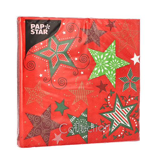 20 Servietten, 3-lagig 1/4-Falz 33 cm x 33 cm rot "Heavenly Stars"