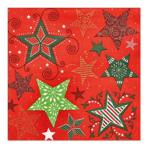 20 Servietten, 3-lagig 1/4-Falz 33 cm x 33 cm rot "Heavenly Stars"