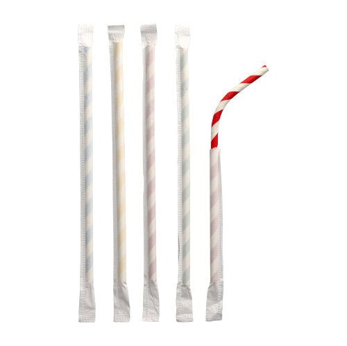 100 Trinkhalme, flexibel, Papier Ø 6 mm · 20 cm farbig sortiert "Stripes" einzeln gehüllt