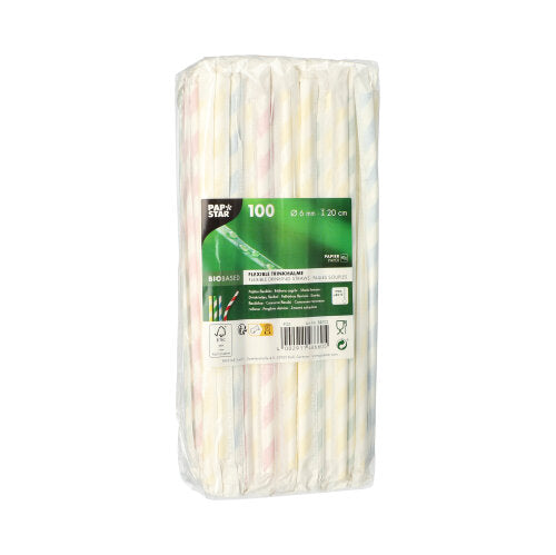 100 Trinkhalme, flexibel, Papier Ø 6 mm · 20 cm farbig sortiert "Stripes" einzeln gehüllt