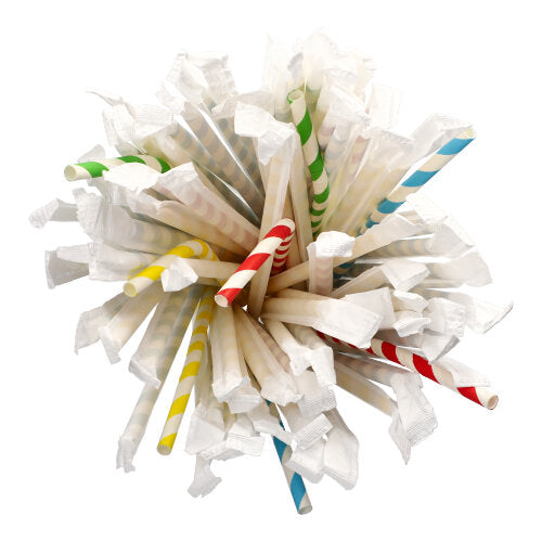 100 Trinkhalme, flexibel, Papier Ø 6 mm · 20 cm farbig sortiert "Stripes" einzeln gehüllt