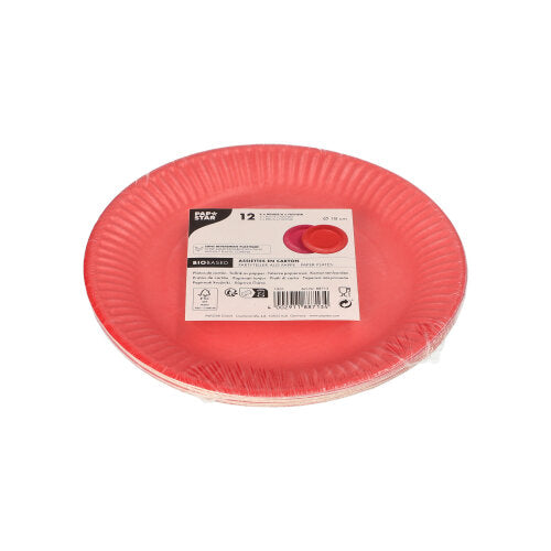 12 Teller, Pappe rund Ø 18 cm farbig sortiert - rot/fuchsia