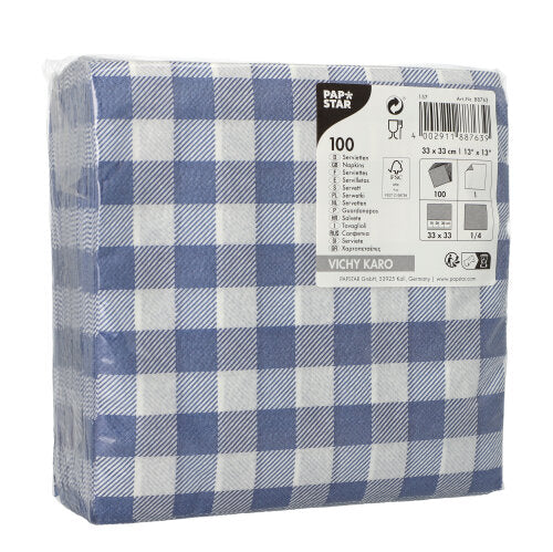 100 Servietten, 1-lagig 1/4-Falz 33 cm x 33 cm blau/weiss "Vichy Karo"