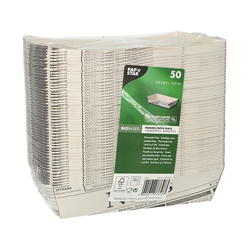 50 Pommes-Frites-Trays 3,8 cm x 8,5 cm x 15,5 cm weiss "Newsprint"