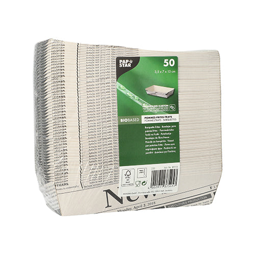 50 Pommes-Frites-Trays 3,5 cm x 7 cm x 15 cm weiss "Newsprint"