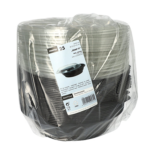 25 Salatschalen, PET 1000 ml Ø 21,8 cm · 6 cm schwarz "Snap It" mit Deckel R-PET glasklar