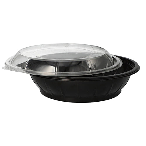 25 Salatschalen, PET 1000 ml Ø 21,8 cm · 6 cm schwarz "Snap It" mit Deckel R-PET glasklar