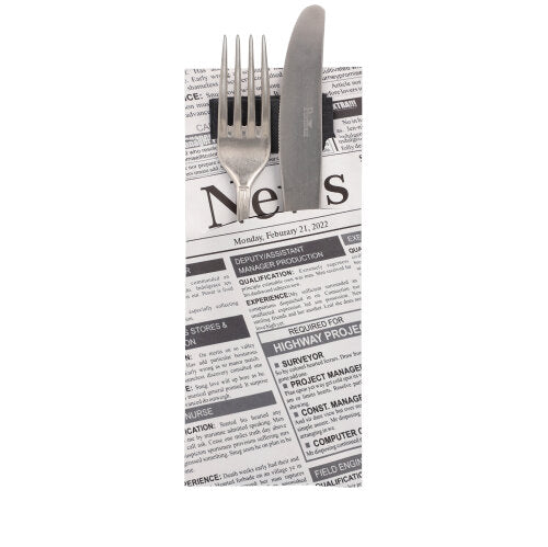 520 Bestecktaschen 20 cm x 8,5 cm schwarz/weiss "Newsprint" inkl. schwarzer Serviette