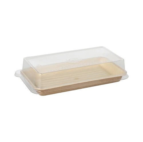 10 Sushi-Schalen Palmblatt eckig 100 ml 4,3 cm x 18,4 cm x 10,4 cm natur mit rPET Deckel 
