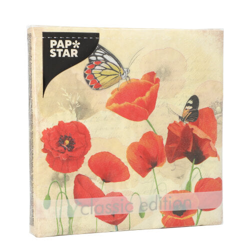 20 Servietten, 3-lagig 1/4-Falz 33 cm x 33 cm "Poppy Flowers"