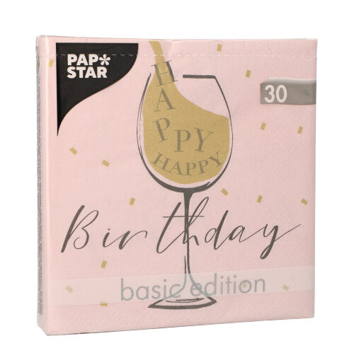 30 Servietten, 3-lagig 1/4-Falz 33 cm x 33 cm rosa "Happy Birthday"