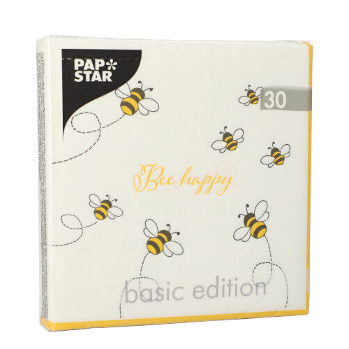 30 Servietten, 3-lagig 1/4-Falz 33 cm x 33 cm "Bee Happy"