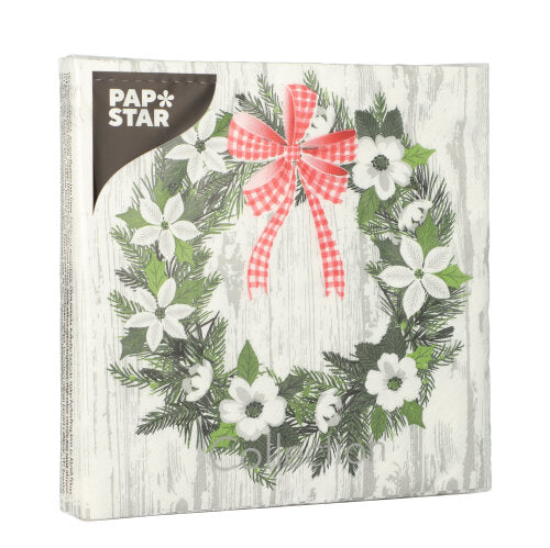 20 Servietten, 3-lagig 1/4-Falz 33 cm x 33 cm "Christmas Wreath"