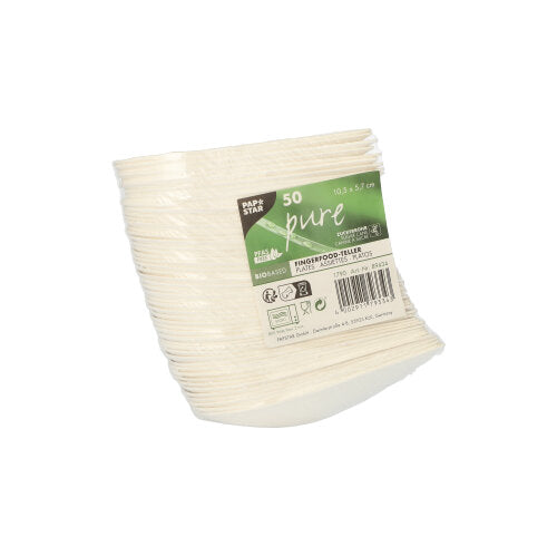 50 Fingerfood - Teller, Zuckerrohr "pure" 10,5 cm x 5,7 cm weiss "Drop"
