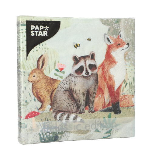 20 Servietten, 3-lagig 1/4-Falz 33 cm x 33 cm "Rabbit, Racoon & Fox"