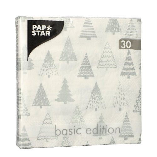 30 Servietten, 3-lagig 1/4-Falz 33 cm x 33 cm silber "Pine Forest"