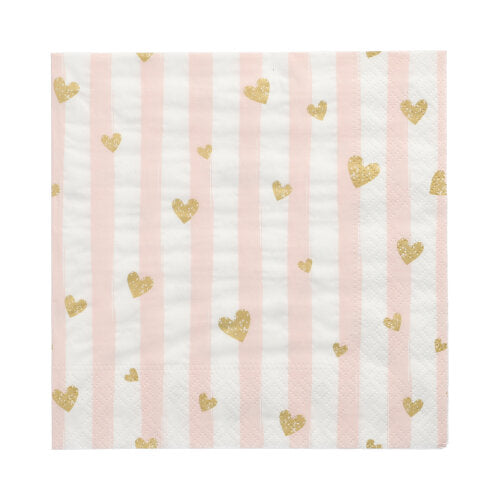 30 Servietten, 3-lagig 1/4-Falz 33 cm x 33 cm pink "Golden Hearts"
