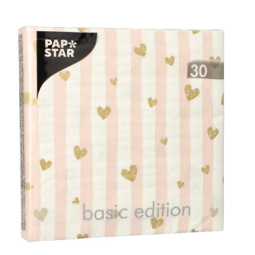 30 Servietten, 3-lagig 1/4-Falz 33 cm x 33 cm pink "Golden Hearts"