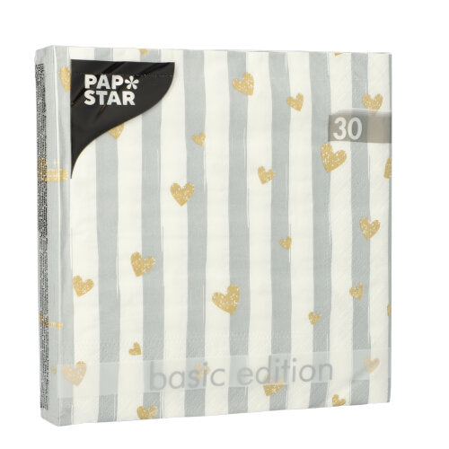 30 Servietten, 3-lagig 1/4-Falz 33 cm x 33 cm grau "Golden Hearts"