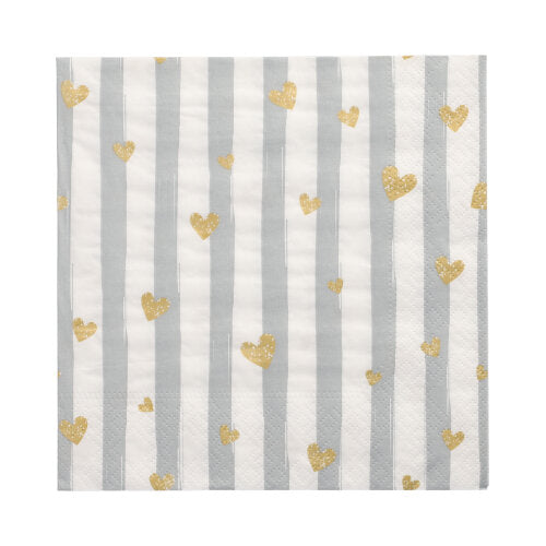30 Servietten, 3-lagig 1/4-Falz 33 cm x 33 cm grau "Golden Hearts"