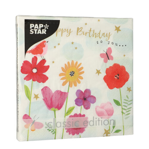 20 Servietten, 3-lagig 1/4-Falz 33 cm x 33 cm "Birthday Flowers"