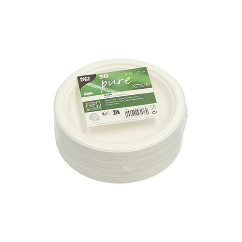 50 Teller, Zuckerrohr "pure" ungeteilt Ø 15 cm · 2 cm weiss