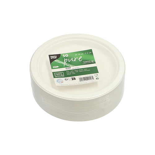 50 Teller, Zuckerrohr "pure" ungeteilt Ø 18 cm · 2 cm weiss