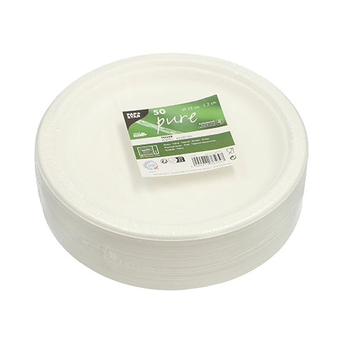 50 Teller, Zuckerrohr "pure" ungeteilt Ø 23 cm · 2 cm weiss