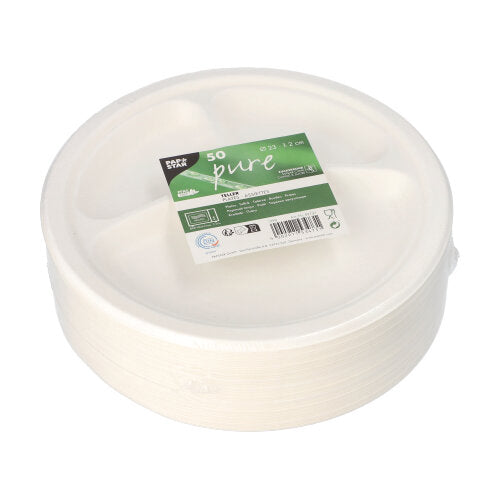 50 Teller, Zuckerrohr "pure" 3-geteilt Ø 23 cm · 2 cm weiss