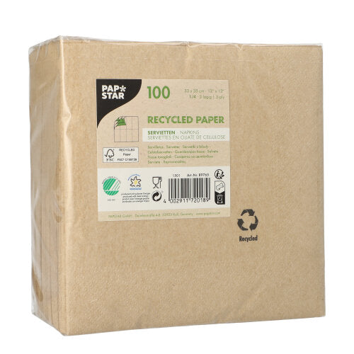 100 Servietten, 3-lagig 1/4-Falz 33 cm x 33 cm natur aus recyceltem Papier