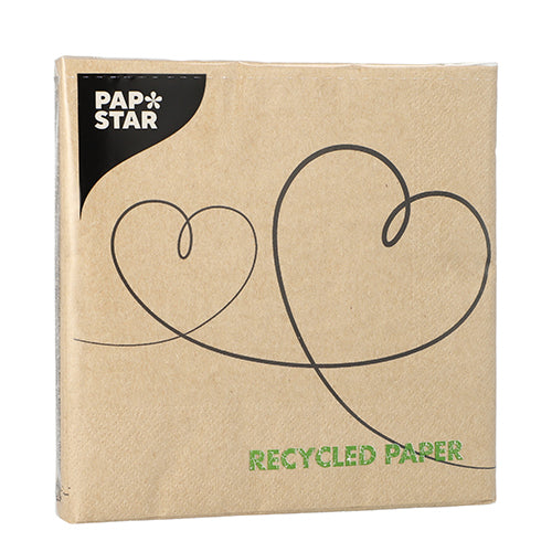 20 Servietten, 3-lagig 1/4-Falz 33 cm x 33 cm natur "Love" aus recyceltem Papier