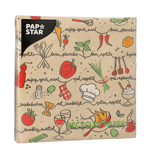 20 Servietten, 3-lagig 1/4-Falz 33 cm x 33 cm natur "Enjoy your meal" aus recyceltem Papier