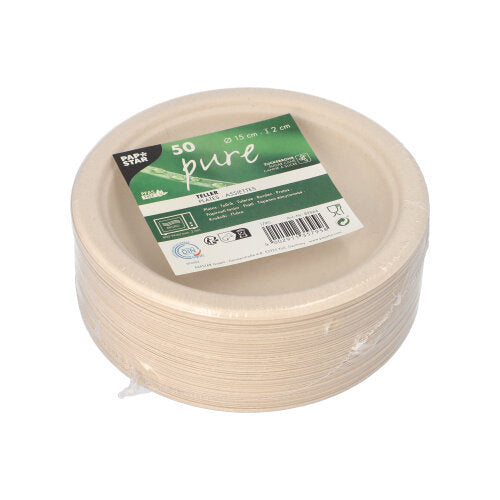 50 Teller, Zuckerrohr "pure" ungeteilt Ø 15 cm · 2 cm natur