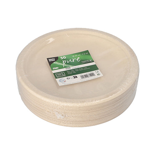 50 Teller, Zuckerrohr "pure" ungeteilt Ø 23 cm · 2 cm natur