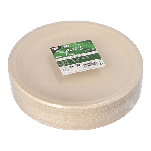 50 Teller, Zuckerrohr "pure" ungeteilt Ø 26 cm · 2 cm natur