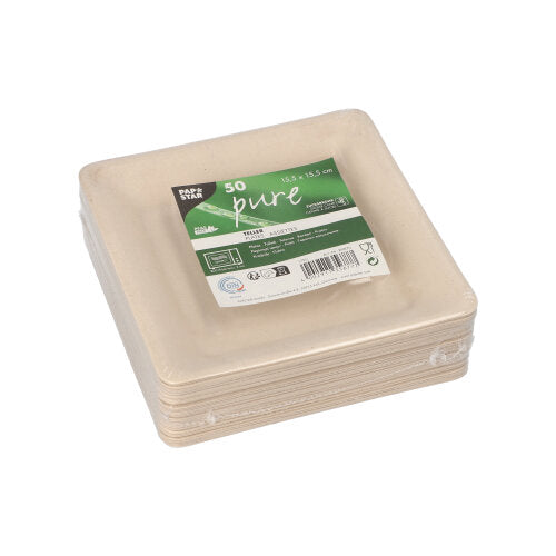 50 Teller, Zuckerrohr "pure" eckig 15,5 cm x 15,5 cm natur