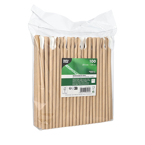 100 Trinkhalme mit Löffel, Papier Ø 8 mm · 20 cm braun