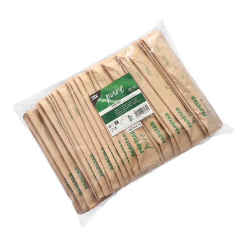 50 Bestecksets Holz "pure" : Messer, Gabel, Kaffeelöffel, Serviette in Papierbeutel