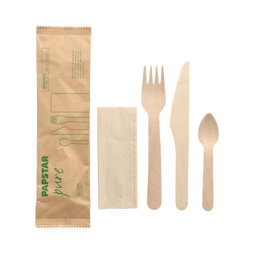 50 Bestecksets Holz "pure" : Messer, Gabel, Kaffeelöffel, Serviette in Papierbeutel