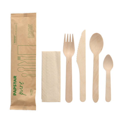 50 Bestecksets Holz "pure" : Messer, Gabel, Löffel, Kaffeelöffel, Serviette in Papierbeutel