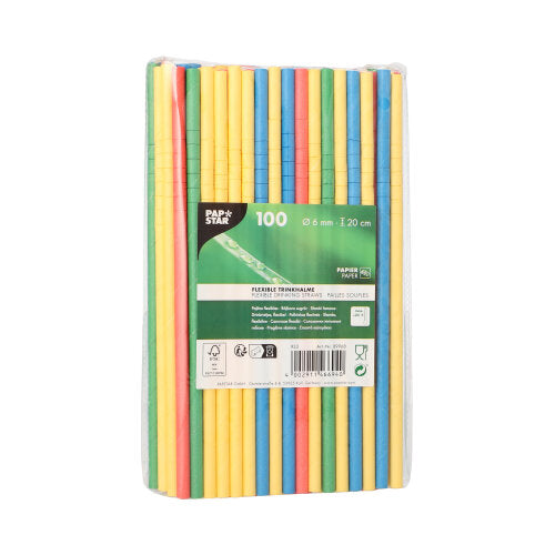 100 Trinkhalme Papier Ø 6 mm · 20 cm farbig sortiert flexibel